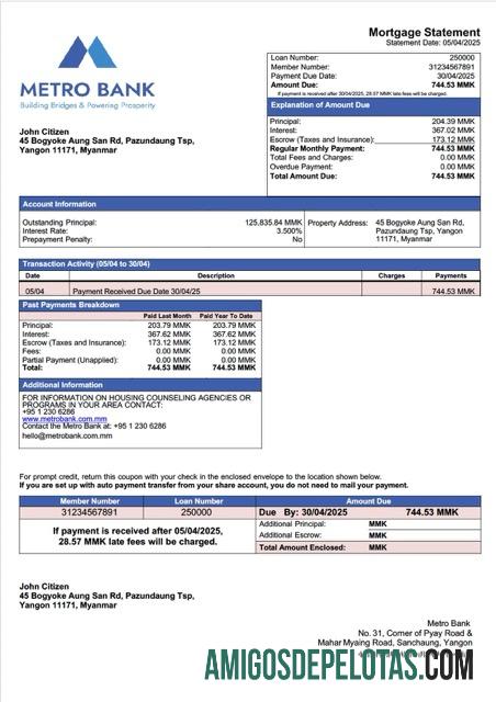 em branco Modelo Word e PDF de extrato de hipoteca do Myanmar Metro Bank